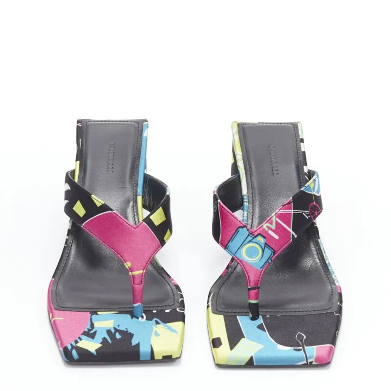 BALENCIAGA 2020 floral satin square toe mid heel mule thong sandals EU35