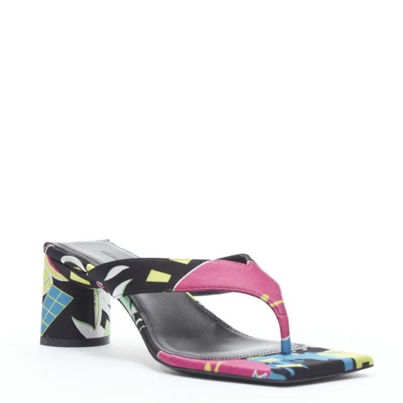 BALENCIAGA 2020 floral satin square toe mid heel mule thong sandals EU35