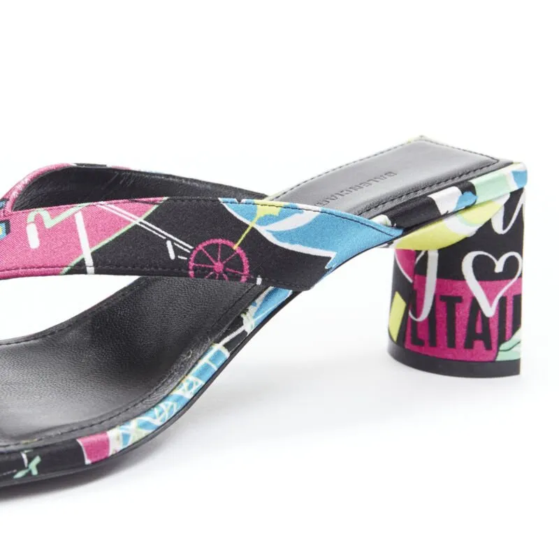 BALENCIAGA 2020 floral satin square toe mid heel mule thong sandals EU35