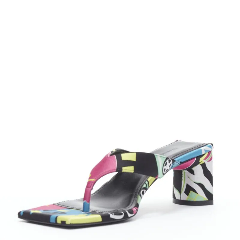 BALENCIAGA 2020 floral satin square toe mid heel mule thong sandals EU35