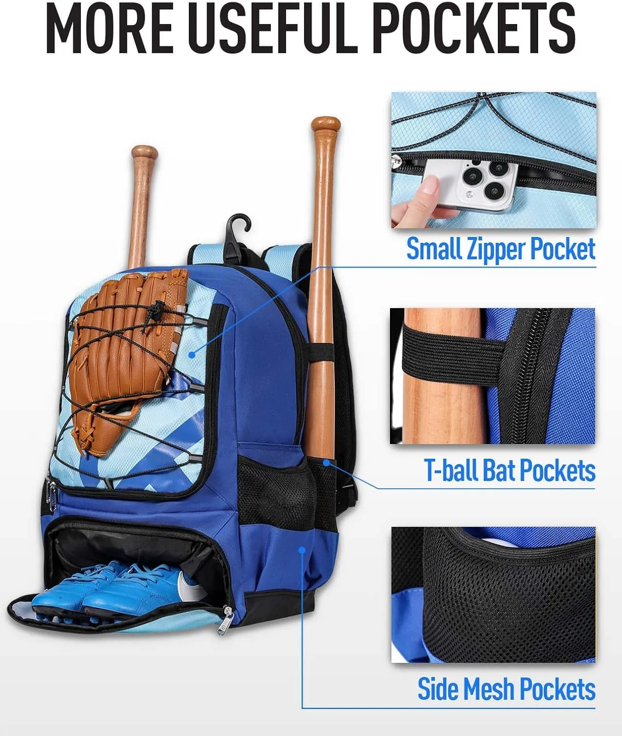 Baseball Bag for Adult Lightweight Youth Softball Backpack, Catcher Bag with Shoe Compartment and External Helmet Holder, Waterproof and Durable
