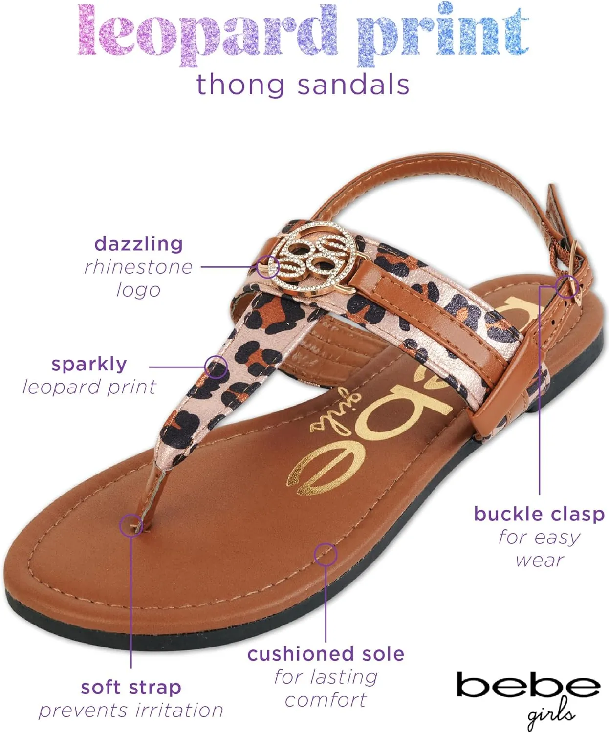 bebe Girls' Sandals - Leopard Print Thong Dress Sandals with Ankle Strap, Open Toe Easter Summer Shoes for Little Girls