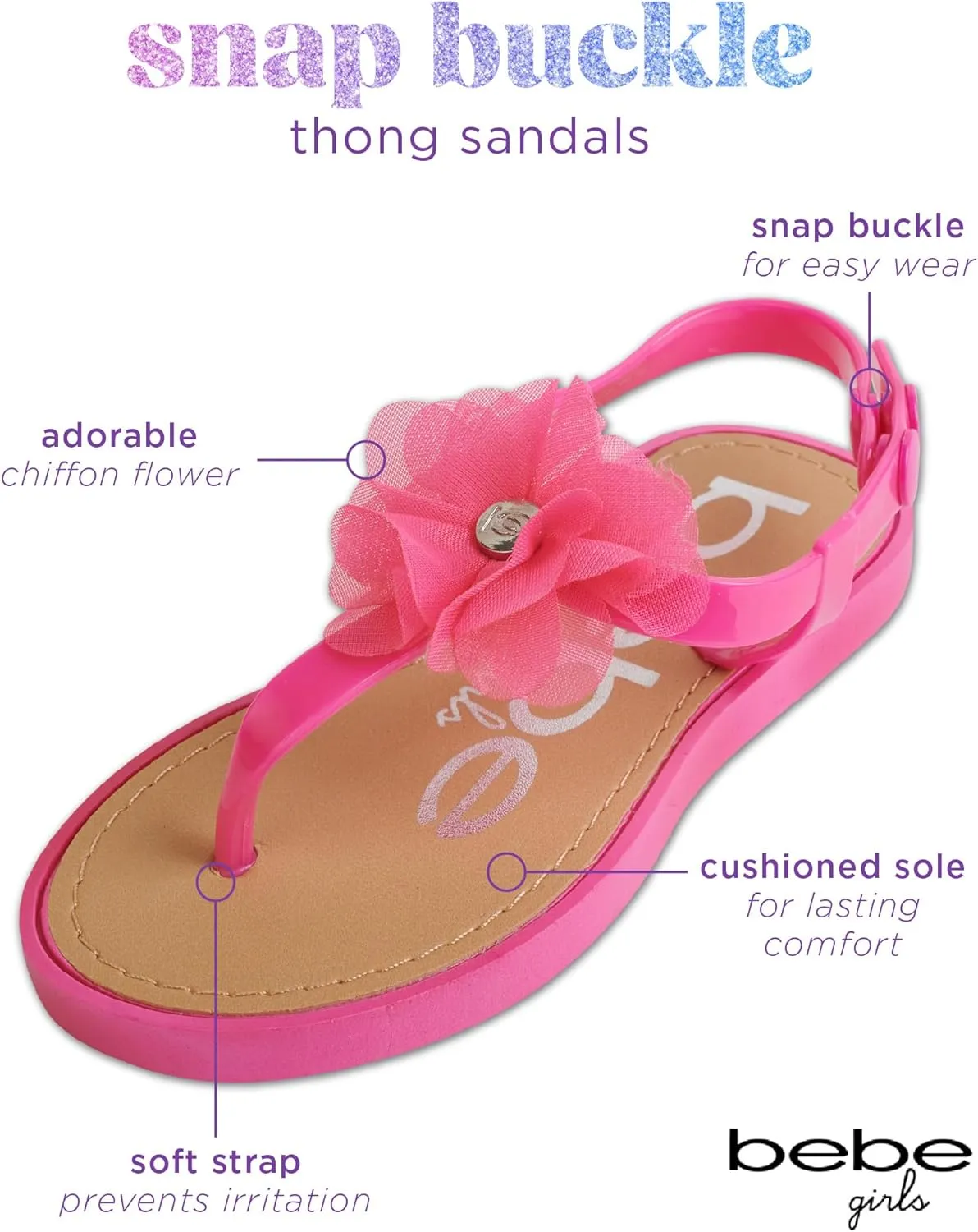 bebe Girls' Sandals - Open Toe Summer Flat Dress Shoes Snap Buckle Sandals with Chiffon Flower Design and Cushioned Sole