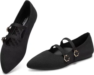 BEJINASH Women's Mary Jane Flat Dressy Knitted Shoes with Double Adjustable Strap Ballets Comfortable for Work Pointed Toe Flats Shoes for Women