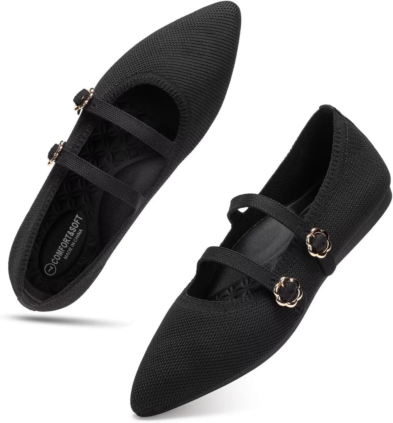 BEJINASH Women's Mary Jane Flat Dressy Knitted Shoes with Double Adjustable Strap Ballets Comfortable for Work Pointed Toe Flats Shoes for Women
