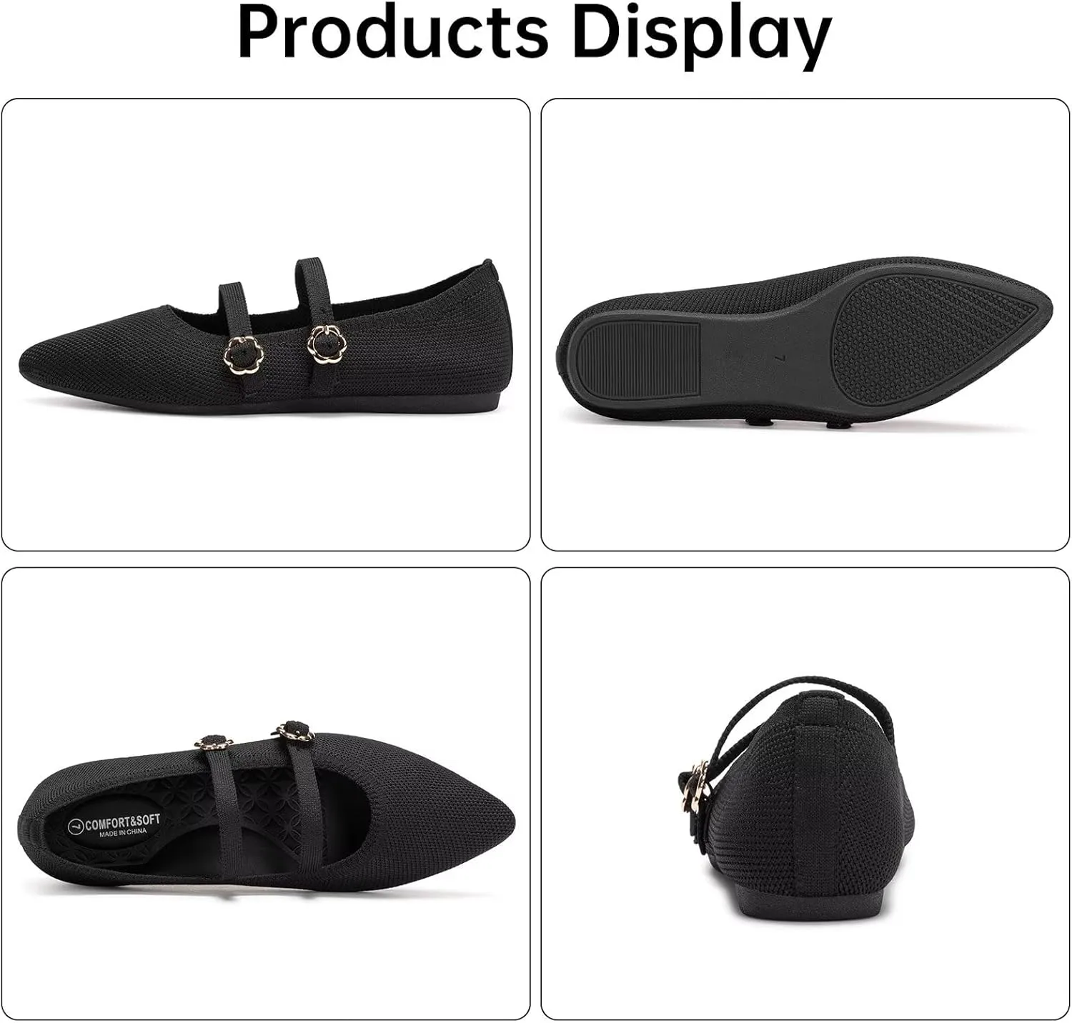 BEJINASH Women's Mary Jane Flat Dressy Knitted Shoes with Double Adjustable Strap Ballets Comfortable for Work Pointed Toe Flats Shoes for Women