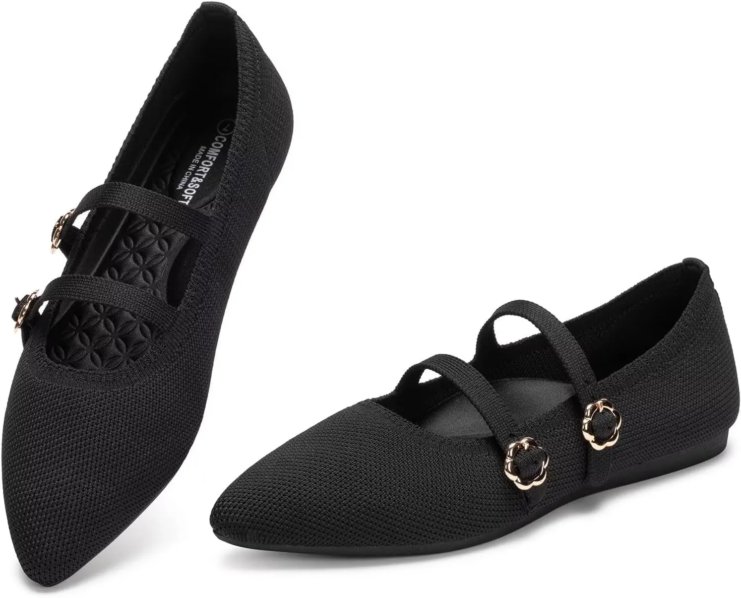 BEJINASH Women's Mary Jane Flat Dressy Knitted Shoes with Double Adjustable Strap Ballets Comfortable for Work Pointed Toe Flats Shoes for Women