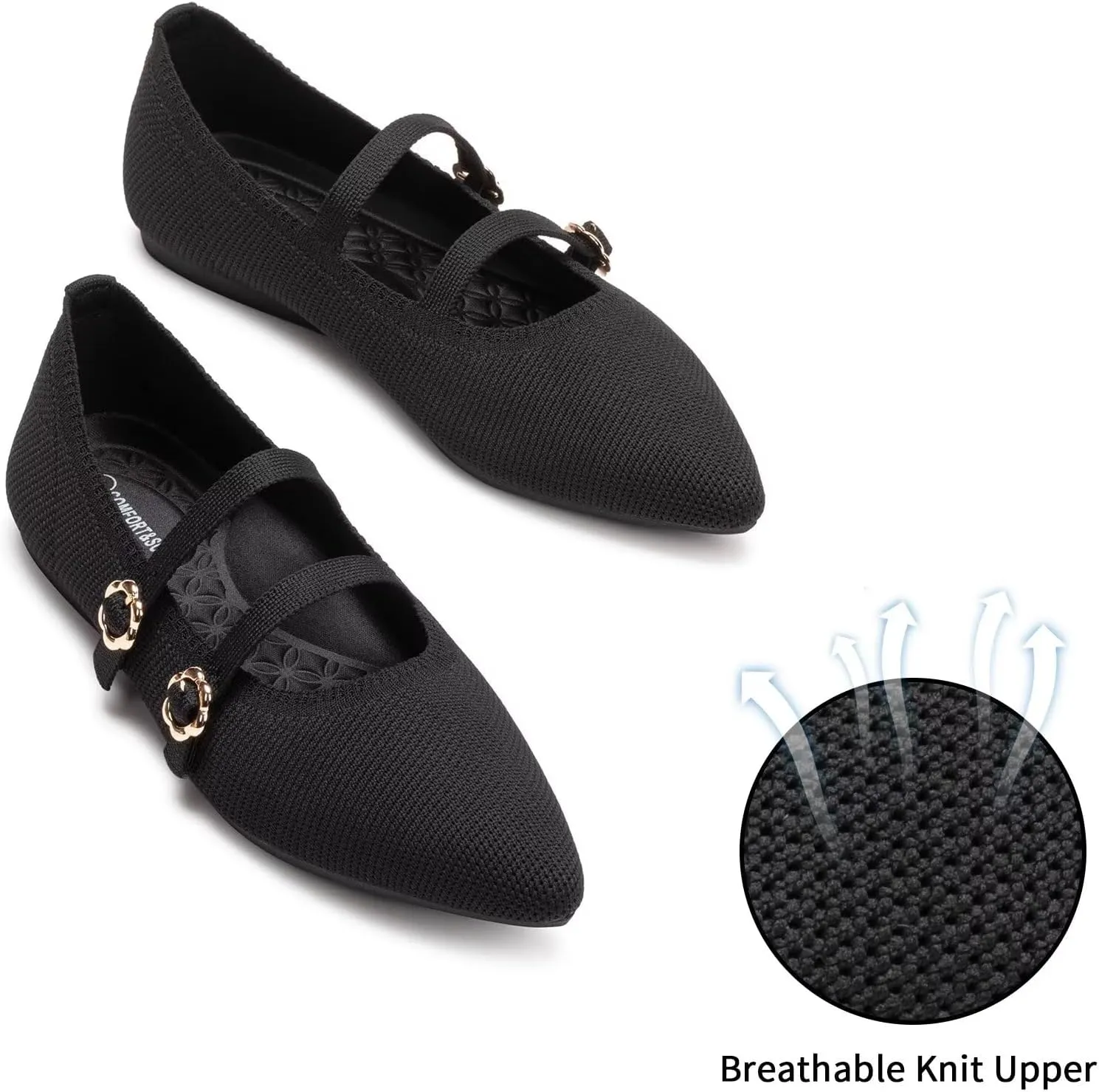 BEJINASH Women's Mary Jane Flat Dressy Knitted Shoes with Double Adjustable Strap Ballets Comfortable for Work Pointed Toe Flats Shoes for Women