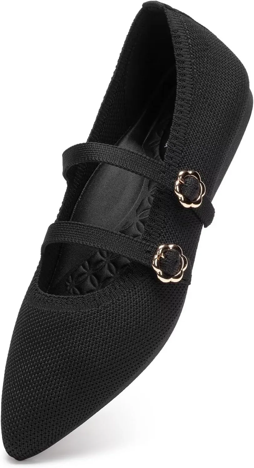 BEJINASH Women's Mary Jane Flat Dressy Knitted Shoes with Double Adjustable Strap Ballets Comfortable for Work Pointed Toe Flats Shoes for Women