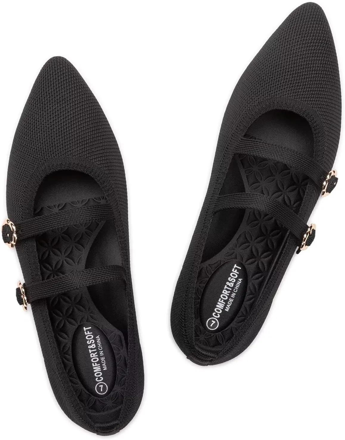 BEJINASH Women's Mary Jane Flat Dressy Knitted Shoes with Double Adjustable Strap Ballets Comfortable for Work Pointed Toe Flats Shoes for Women