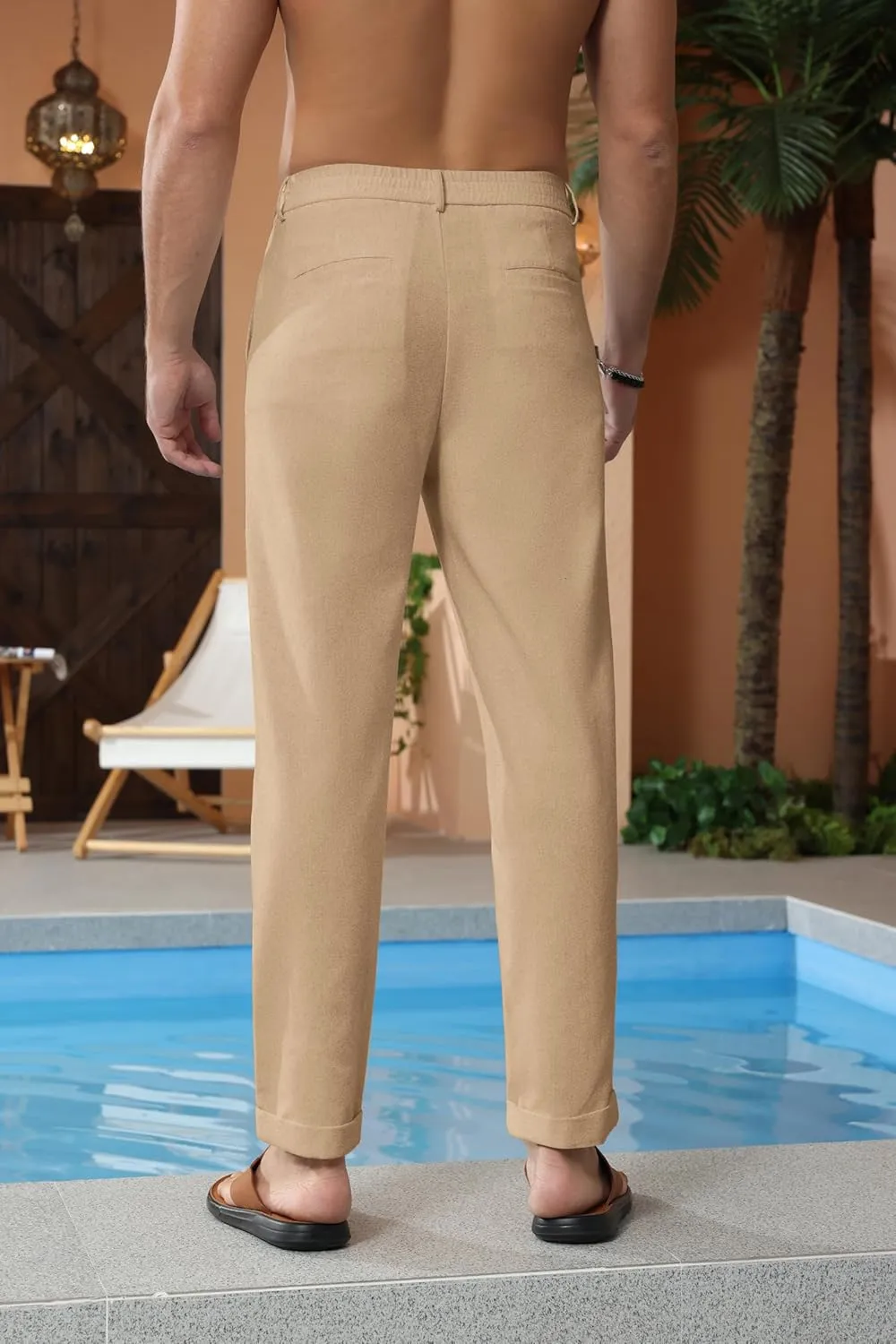 Beotyshow Mens Linen Pants Casual Elastic Waist Trousers Summer Beach Lightweight Pants