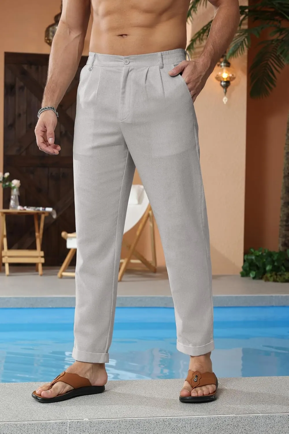 Beotyshow Mens Linen Pants Casual Elastic Waist Trousers Summer Beach Lightweight Pants