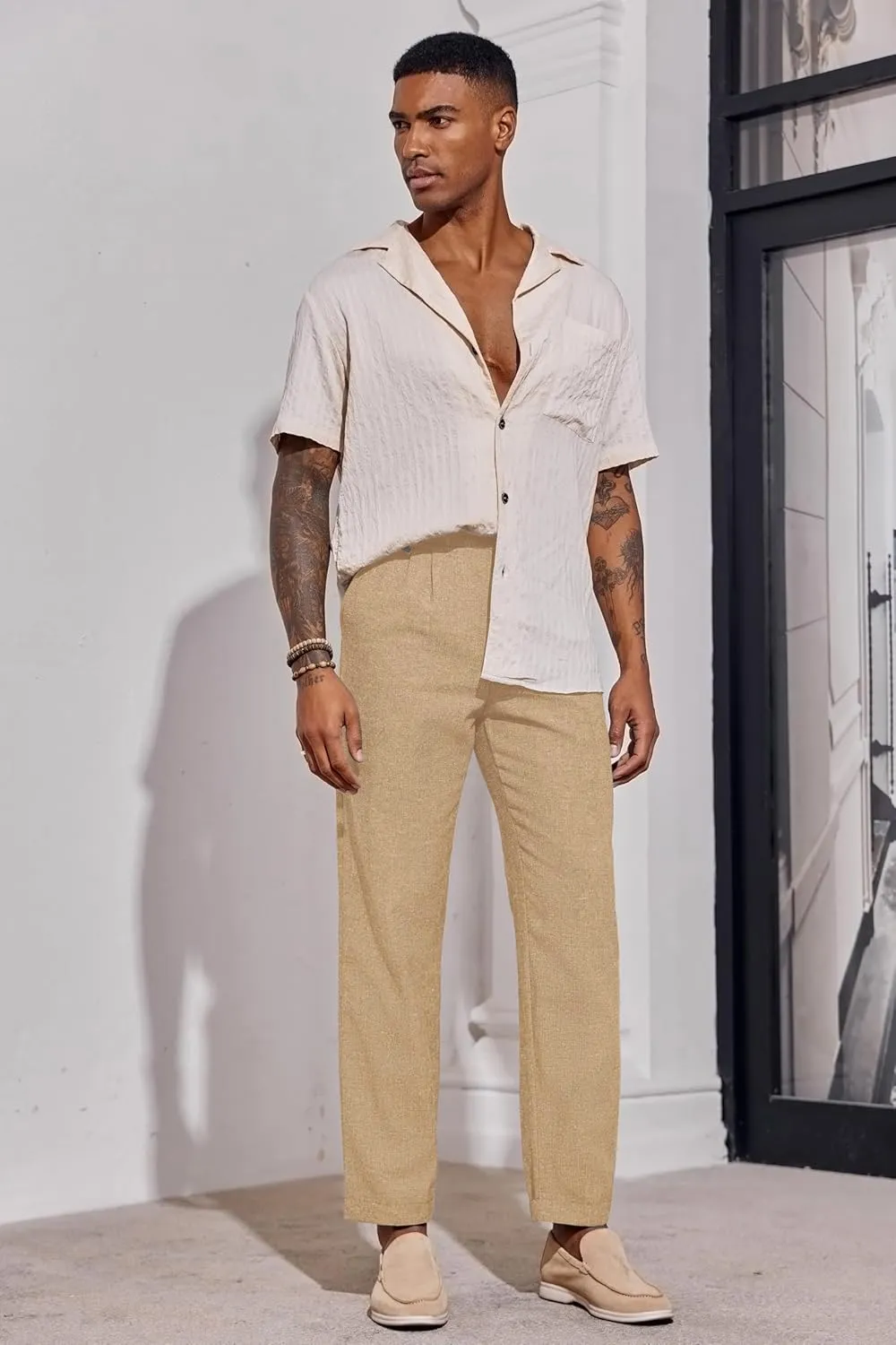 Beotyshow Mens Linen Pants Casual Elastic Waist Trousers Summer Beach Lightweight Pants