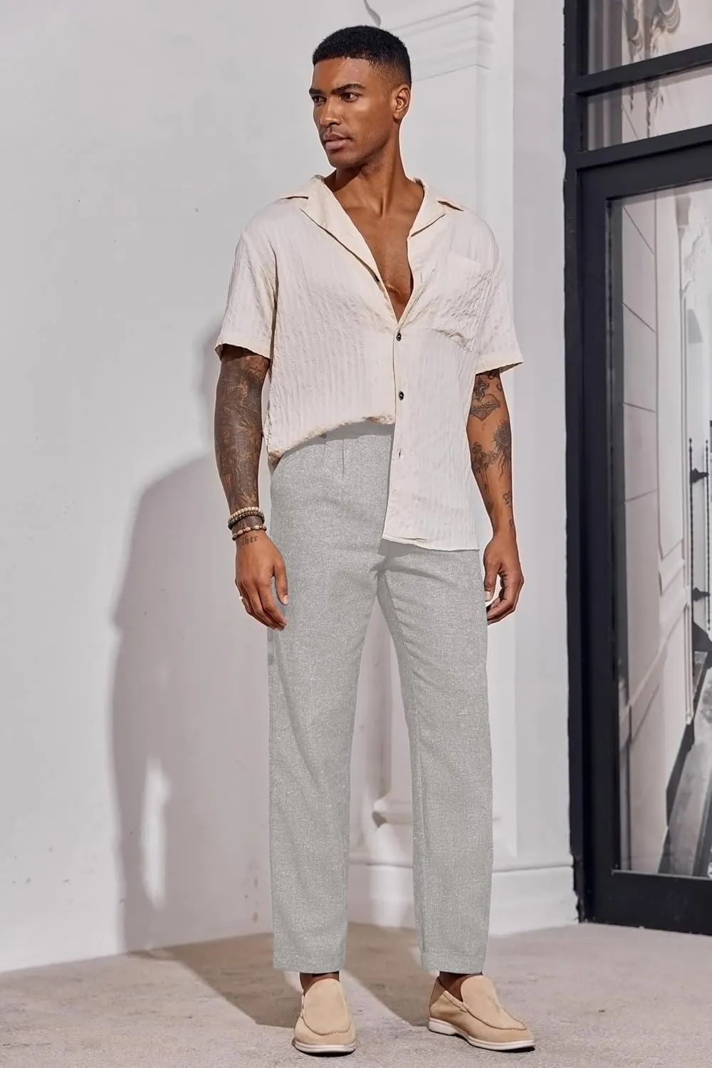 Beotyshow Mens Linen Pants Casual Elastic Waist Trousers Summer Beach Lightweight Pants