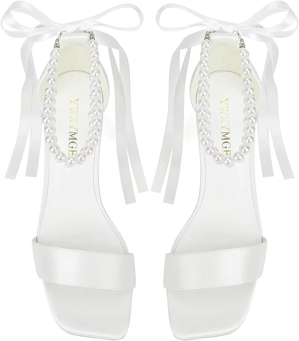 Block Heel Bridal Shoes Open Toe Wedding Shoes for Bride Pearl Heels Wedding Sandals