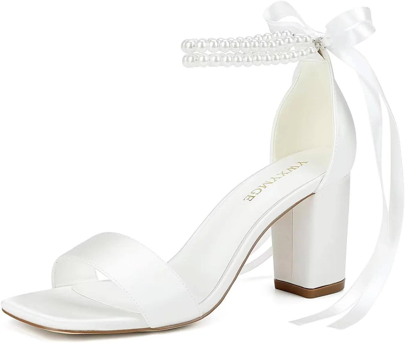 Block Heel Bridal Shoes Open Toe Wedding Shoes for Bride Pearl Heels Wedding Sandals