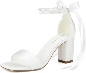 Block Heel Bridal Shoes Open Toe Wedding Shoes for Bride Pearl Heels Wedding Sandals