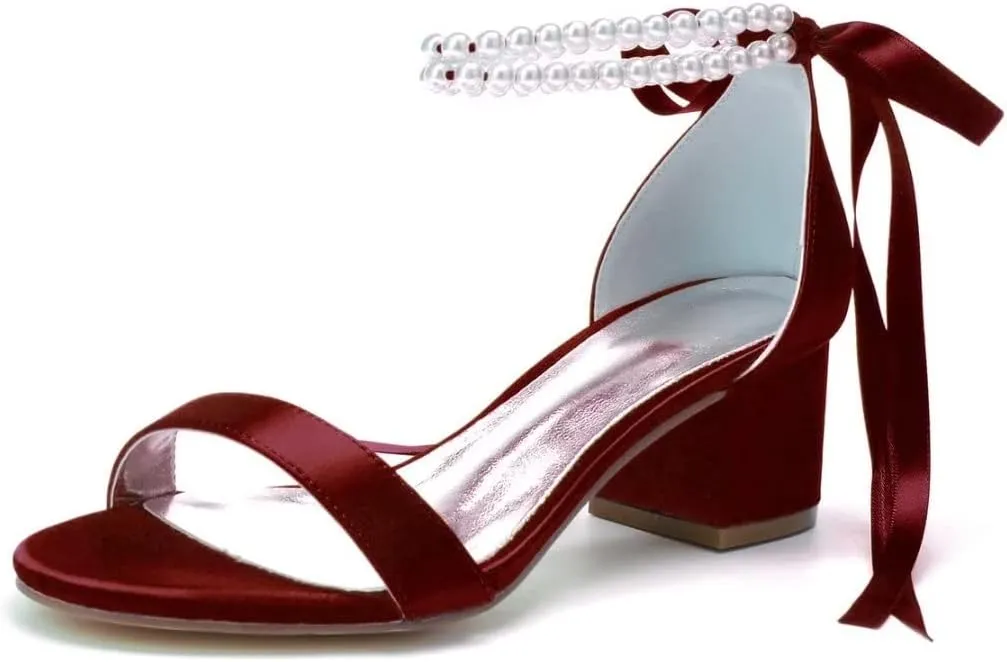 Block Heel Bridal Shoes Pearls Wedding Heeled Sandals Bride Chunky Heels