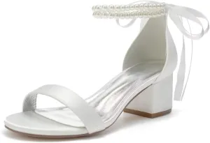 Block Heel Bridal Shoes Pearls Wedding Heeled Sandals Bride Chunky Heels