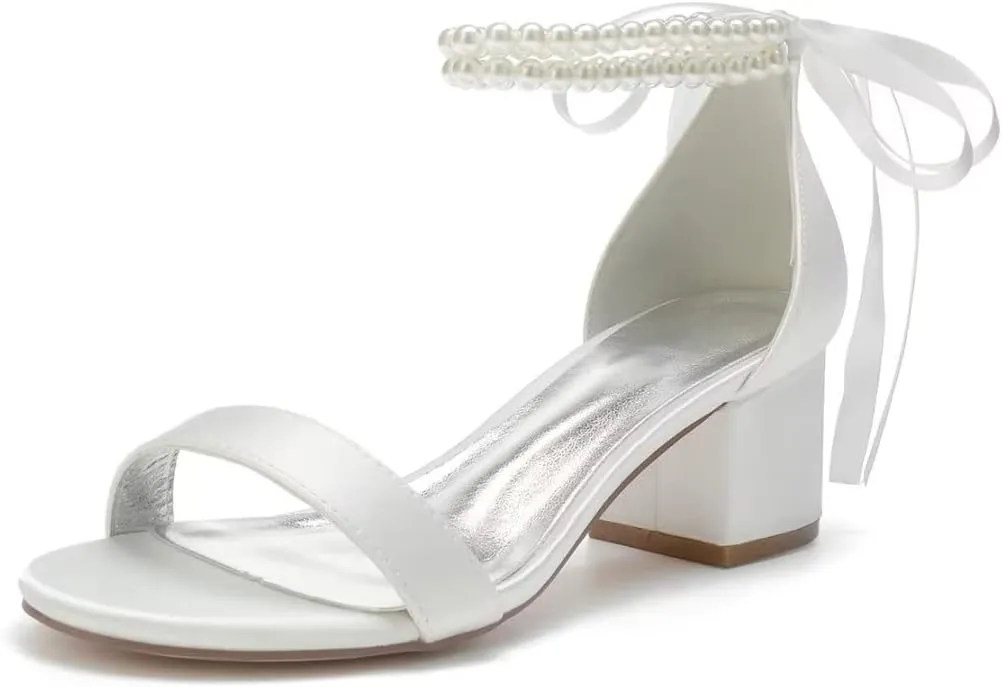 Block Heel Bridal Shoes Pearls Wedding Heeled Sandals Bride Chunky Heels