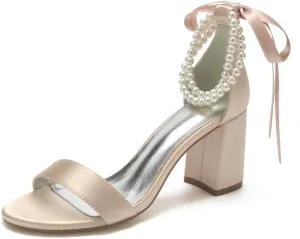Block Heel Pearl Wedding Shoes for Bride Women Heeled Sandals Bridal Heels Chunky