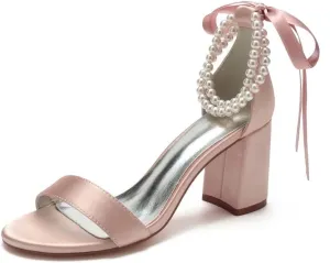 Block Heel Pearl Wedding Shoes for Bride Women Heeled Sandals Bridal Heels Chunky