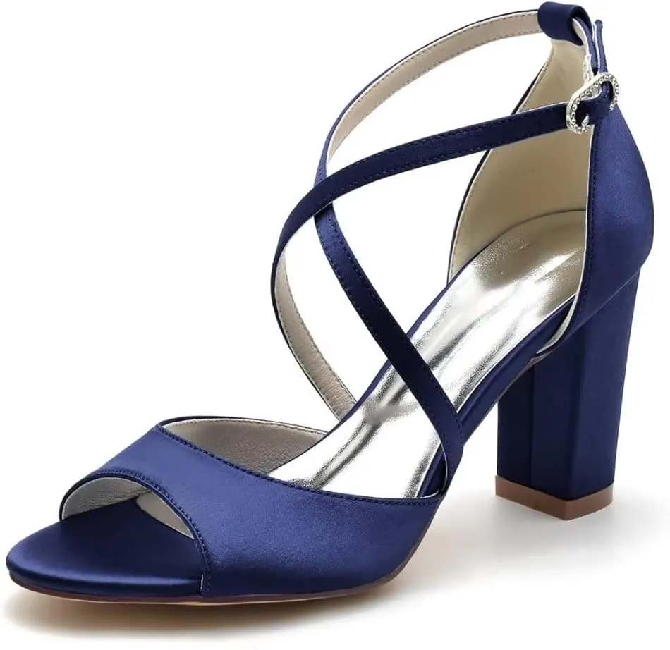 Block Heel Wedding Sandals Cross Strap Chunky Heels for Bride Evening Shoes for Women Formal