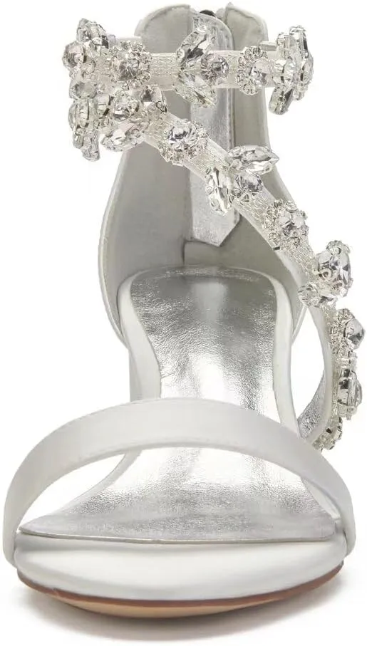 Block Heel Wedding Sandals for Bride Crystals Strappy Open Toe Formal Party Dress Sandal Heels 702-18