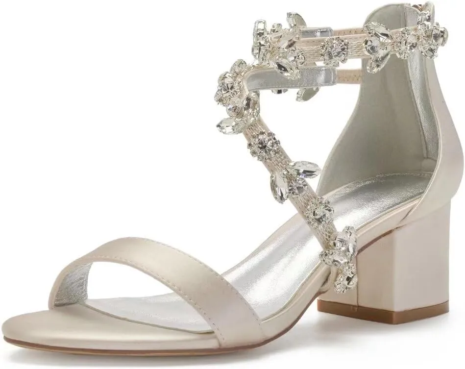 Block Heel Wedding Sandals for Bride Crystals Strappy Open Toe Formal Party Dress Sandal Heels 702-18