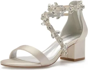 Block Heel Wedding Sandals for Bride Crystals Strappy Open Toe Formal Party Dress Sandal Heels 702-18