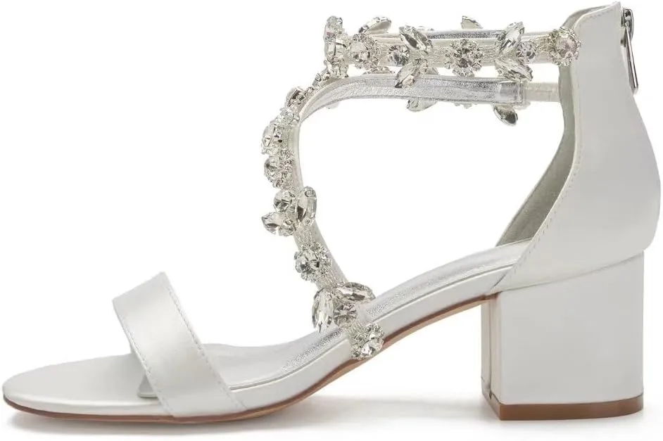 Block Heel Wedding Sandals for Bride Crystals Strappy Open Toe Formal Party Dress Sandal Heels 702-18