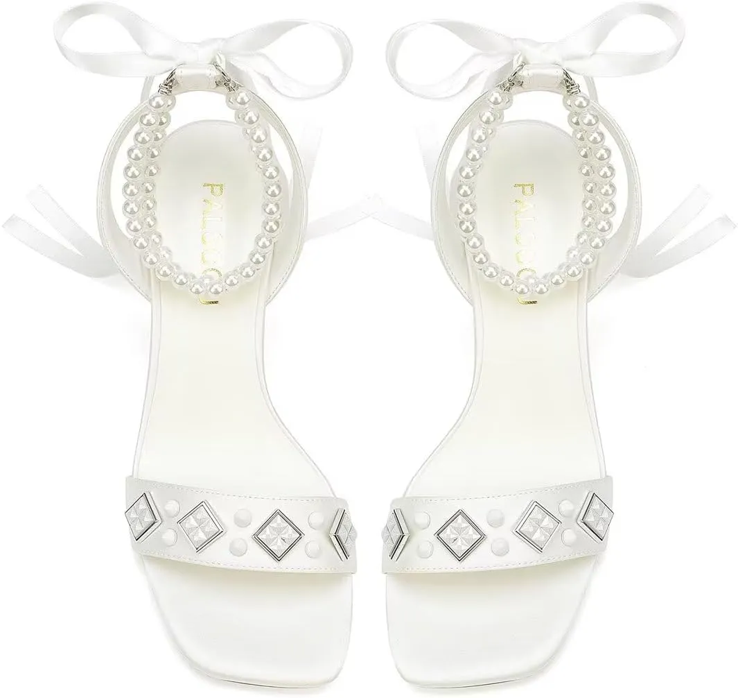 Block Heel Wedding Sandals Open Toe Wedding Shoes for Bride Pearl Heels Studded Bridal Shoes