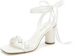 Block Heel Wedding Sandals Open Toe Wedding Shoes for Bride Pearl Heels Studded Bridal Shoes
