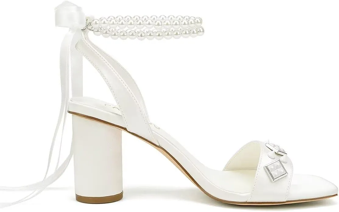 Block Heel Wedding Sandals Open Toe Wedding Shoes for Bride Pearl Heels Studded Bridal Shoes