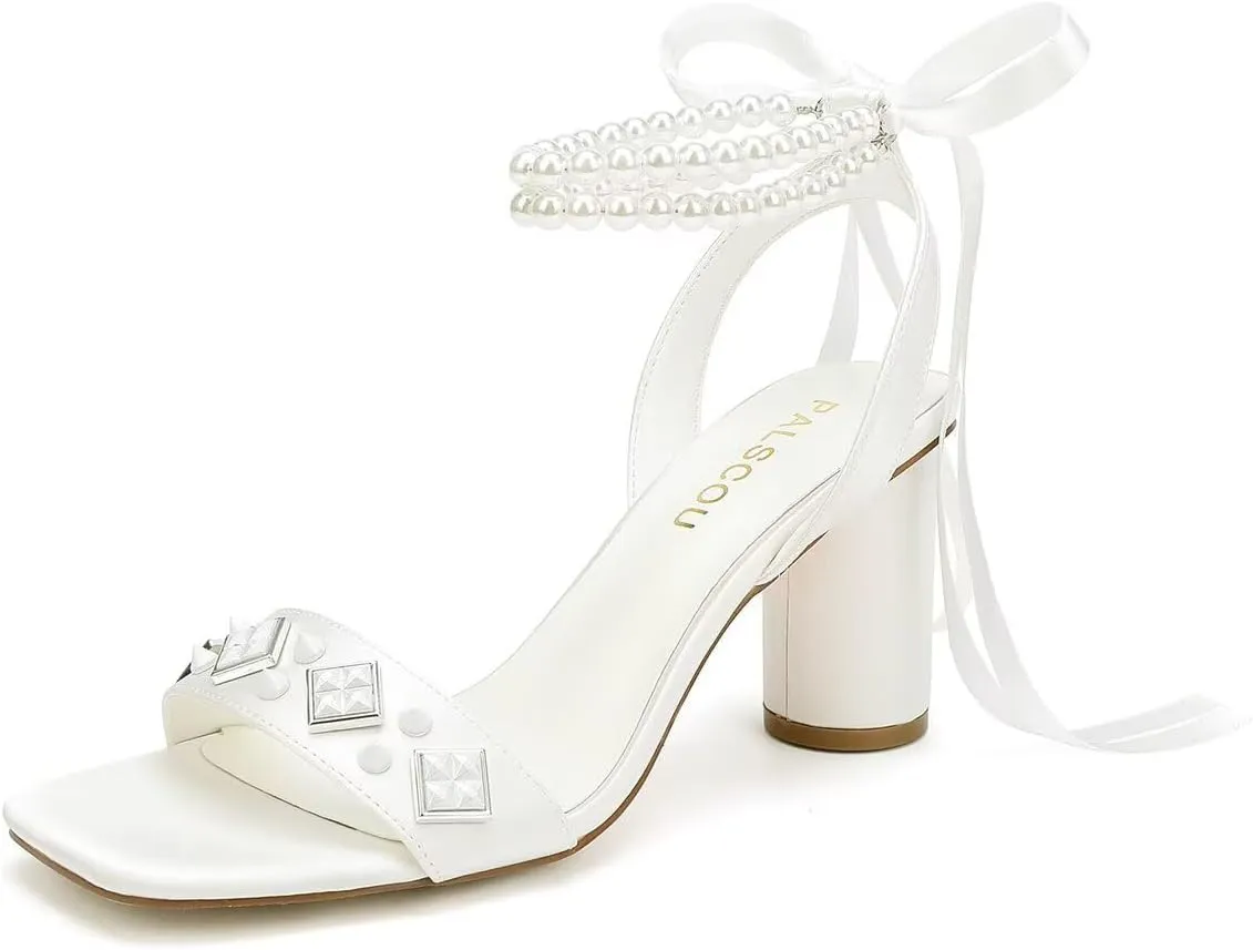Block Heel Wedding Sandals Open Toe Wedding Shoes for Bride Pearl Heels Studded Bridal Shoes