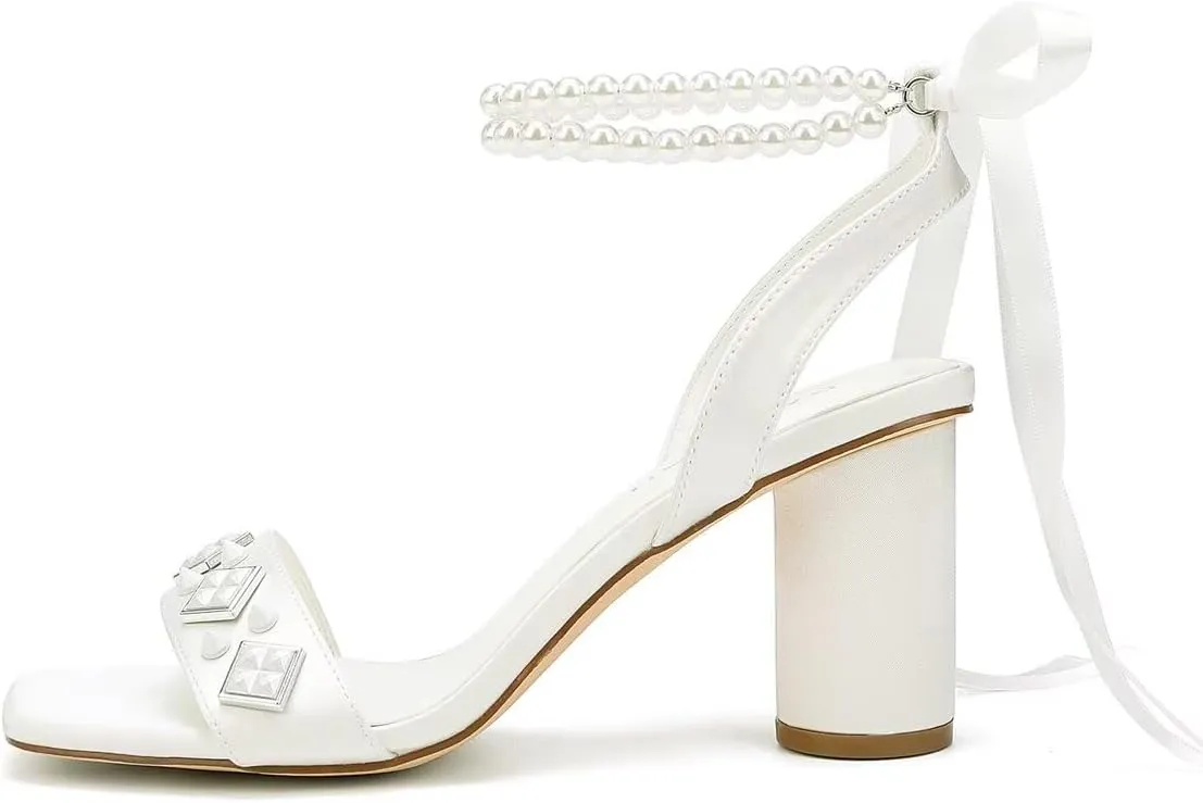 Block Heel Wedding Sandals Open Toe Wedding Shoes for Bride Pearl Heels Studded Bridal Shoes