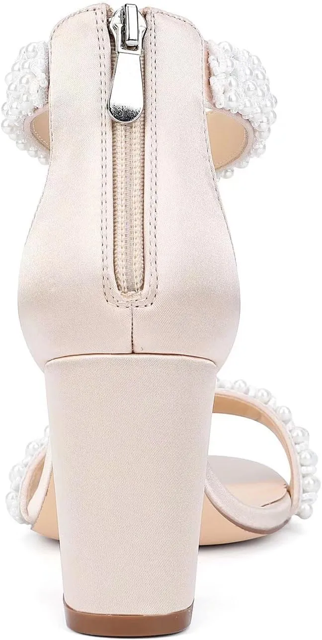 Block Heel Wedding Sandals Pearl Heels Open Toe Wedding Shoes for Bride Bridal Shoes
