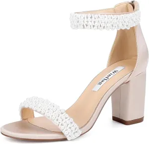Block Heel Wedding Sandals Pearl Heels Open Toe Wedding Shoes for Bride Bridal Shoes