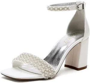 Block Heel Wedding Sandals Pearl Wedding Shoes Square Open Toe Wedding Chunky Heels Bridal Shoes