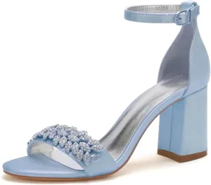 Block Heel Wedding Sandals Shoes for Bride Open Toe Crystals Formal Party Heels Sandal 1151-3