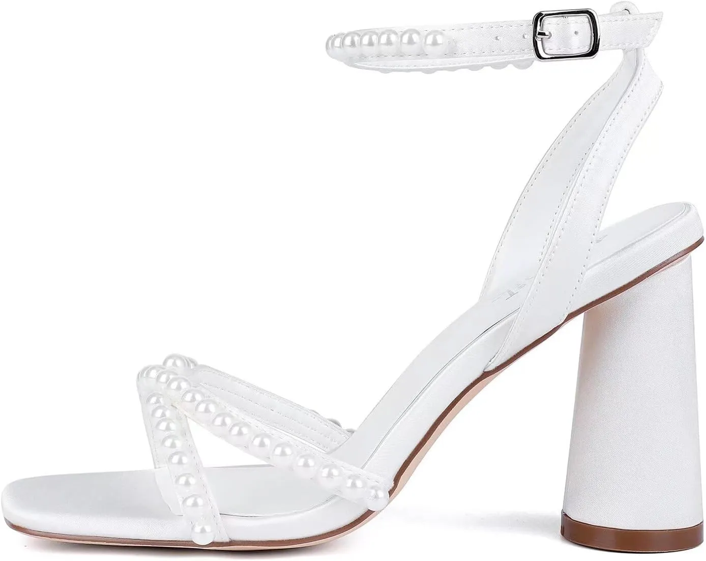 Block Heel Wedding Shoes for Bride Ankle Strap Bridal Shoes Square Toe Heeled Sandals Pearl Heels