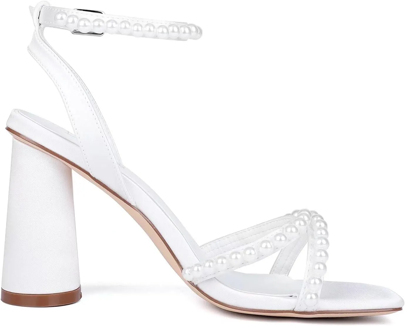 Block Heel Wedding Shoes for Bride Ankle Strap Bridal Shoes Square Toe Heeled Sandals Pearl Heels