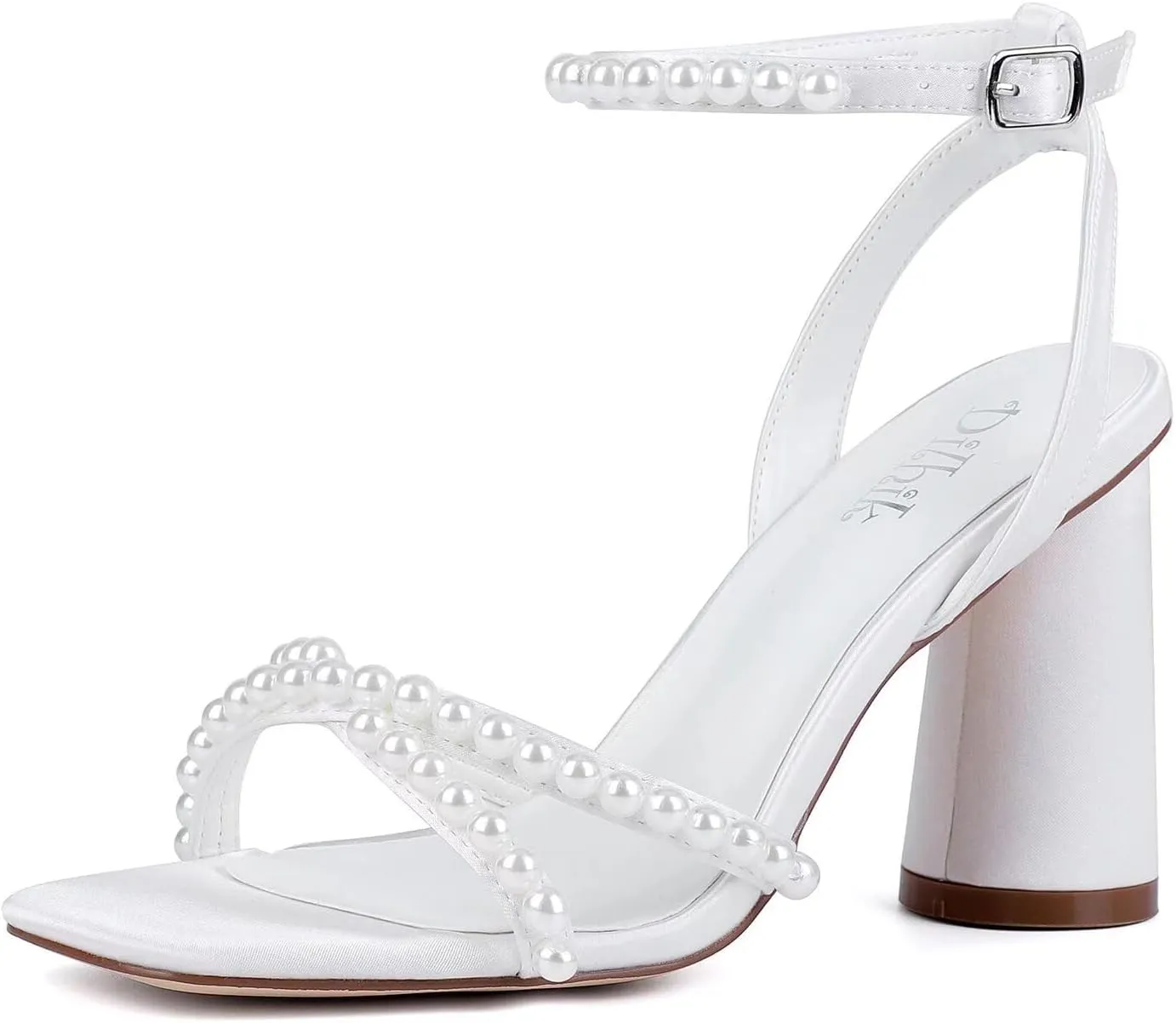 Block Heel Wedding Shoes for Bride Ankle Strap Bridal Shoes Square Toe Heeled Sandals Pearl Heels