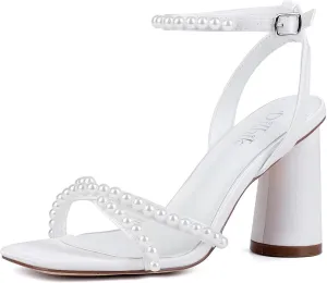 Block Heel Wedding Shoes for Bride Ankle Strap Bridal Shoes Square Toe Heeled Sandals Pearl Heels