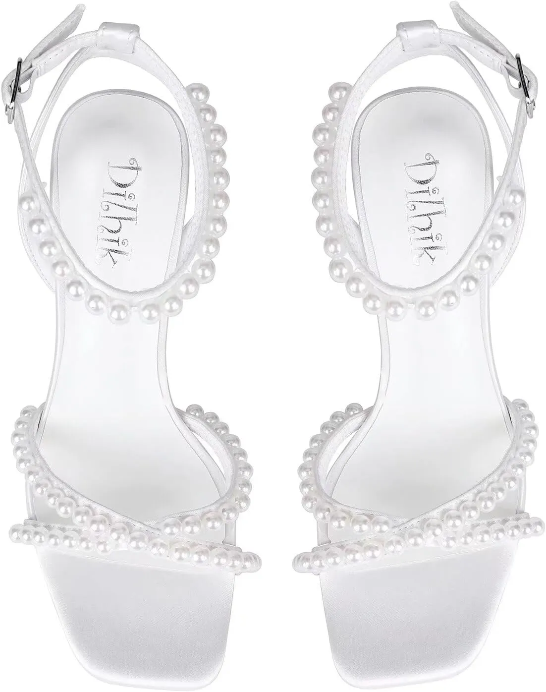 Block Heel Wedding Shoes for Bride Ankle Strap Bridal Shoes Square Toe Heeled Sandals Pearl Heels