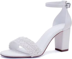 Block Heel Wedding Shoes for Bride Beaded Bridal Heels Wedding Heeled Sandals