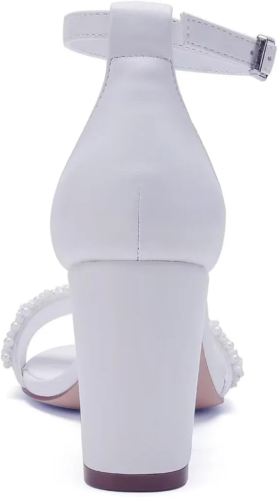 Block Heel Wedding Shoes for Bride Beaded Bridal Heels Wedding Heeled Sandals