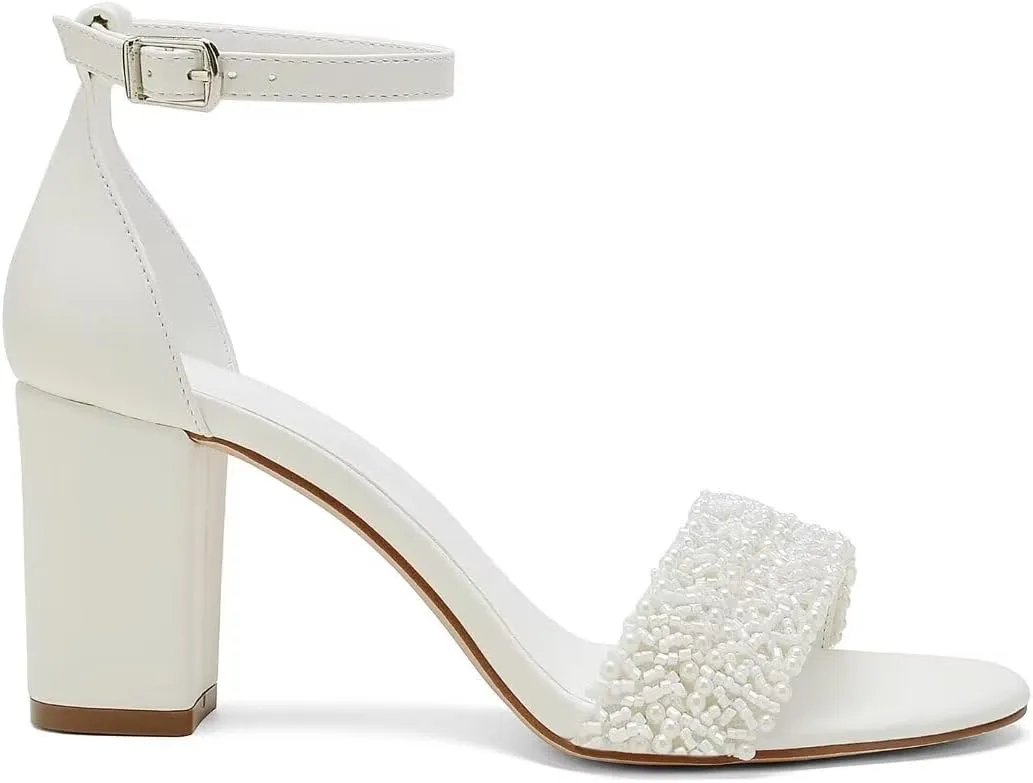 Block Heel Wedding Shoes for Bride Beaded Bridal Heels Wedding Heeled Sandals
