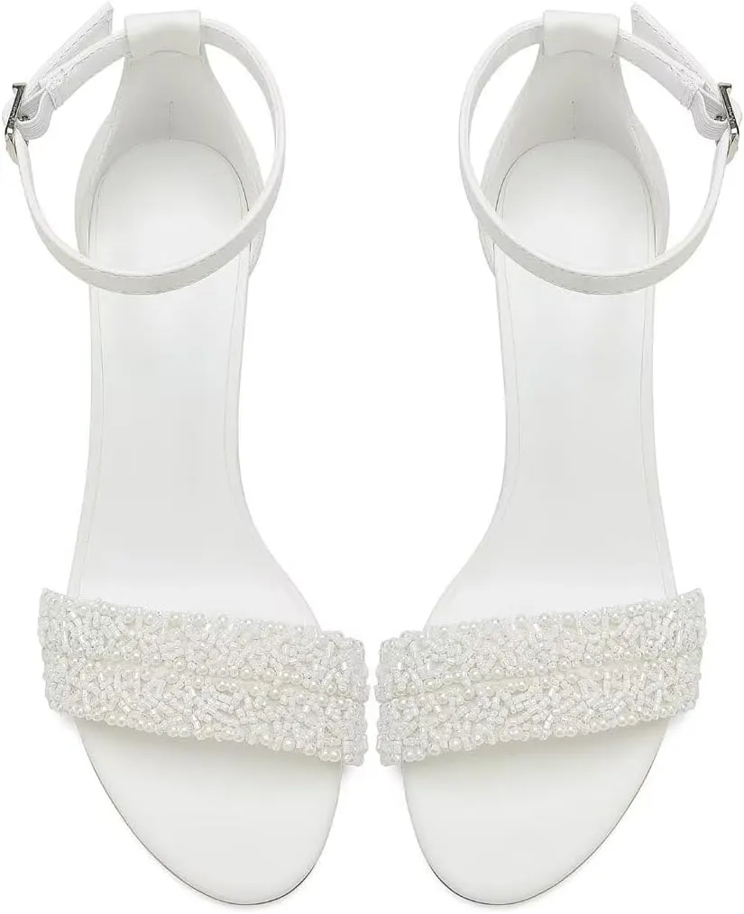 Block Heel Wedding Shoes for Bride Beaded Bridal Heels Wedding Heeled Sandals