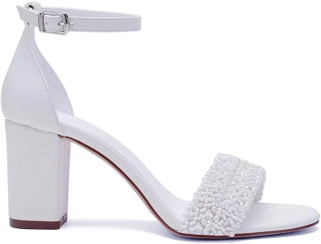 Block Heel Wedding Shoes for Bride Beaded Bridal Heels Wedding Heeled Sandals